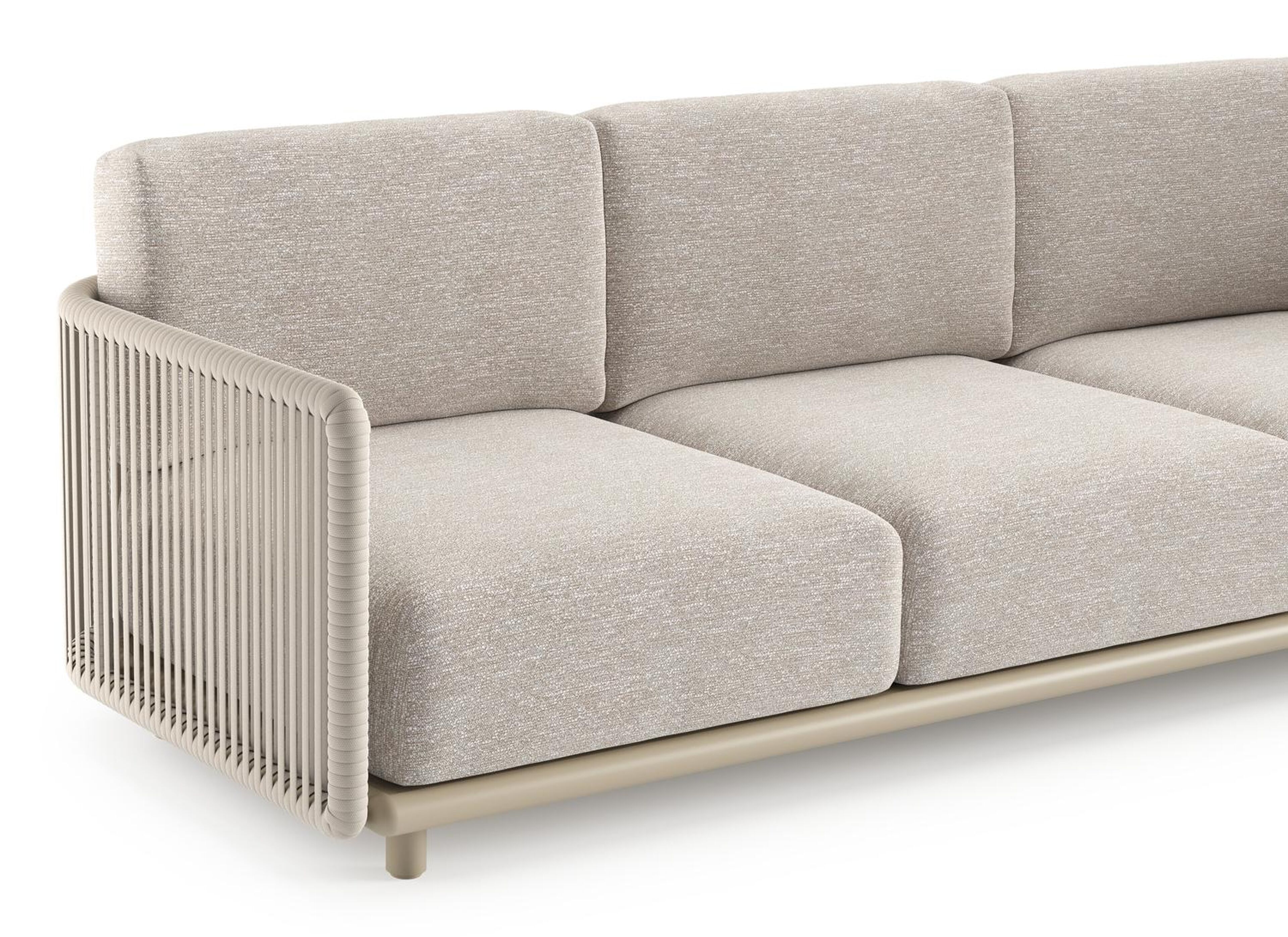 Organo loungehoek in beige aluminium en beige verticaal geweven luxe vlakke rope met tundra sand all weather Sunbrella® luxe kussen