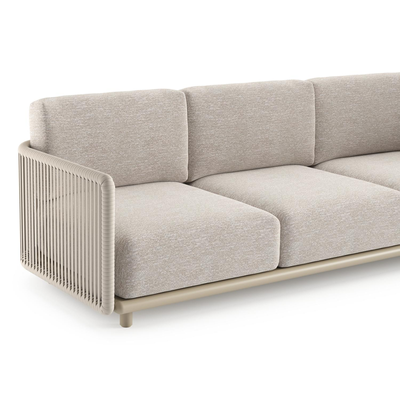 Organo loungehoek in beige aluminium en beige verticaal geweven luxe vlakke rope met tundra sand all weather Sunbrella® luxe kussen