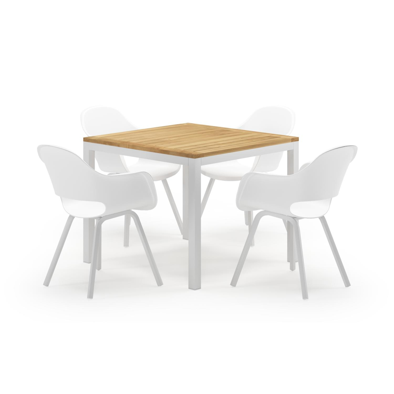 Feltro vierkante tuinset in wit aluminium en teak natural finish met 4 Artena tuinstoelen