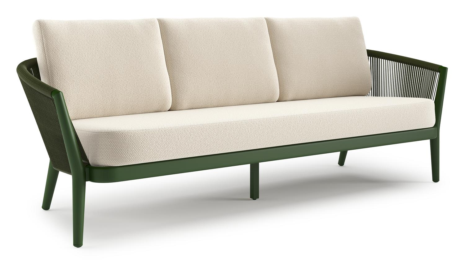 Orso loungebank in groen aluminium en groen verticaal geweven ronde rope met Althea Off White all weather cosytica kussen