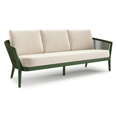 Orso loungebank in groen aluminium en groen verticaal geweven ronde rope met Althea Off White all weather cosytica kussen