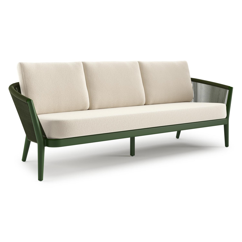 Orso loungebank in groen aluminium en groen verticaal geweven ronde rope met Althea Off White all weather cosytica kussen