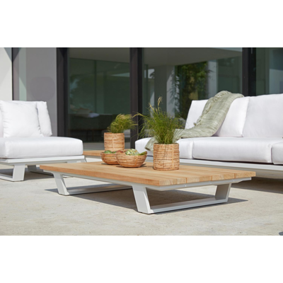 Pagino loungetafel in wit aluminium en naturel teak - L 140 x B 79,5 x H 21 cm