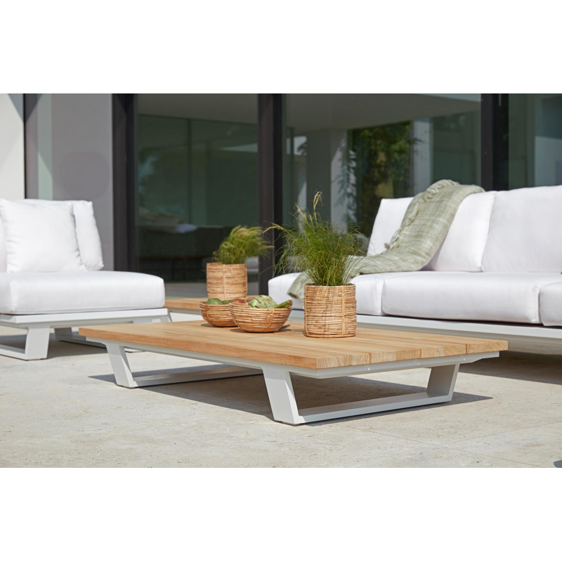 Pagino loungetafel in wit aluminium en naturel teak - L 140 x B 79,5 x H 21 cm