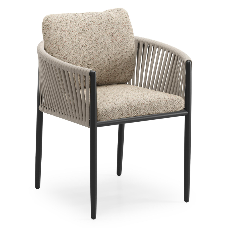 Organo tuinstoel in zwart aluminium en beige verticaal geweven luxe vlakke rope met zitkussen in All Weather Cosytica Bora Jungle