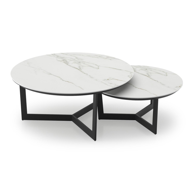 Lacrima set van 2 loungetafels rond in zwart aluminium en volkeramiek Calacatta - Dia. 85/65 x H 35/30 cm