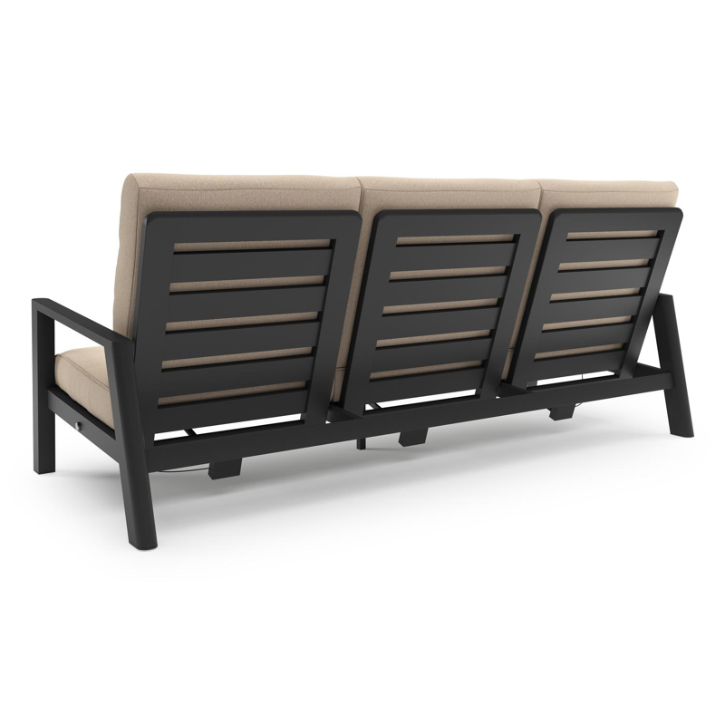 Canapé de jardin Cirello en aluminium noir et coussins en all weather sunbrella® luxe heritage papyrus