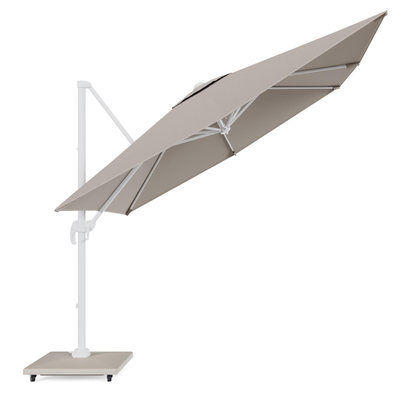 Calpe zweefparasol in wit aluminium en beige Weather+ Softtouch parasoldoek - L1 270 x L2 270 cm met Avola parasolvoet 90 kg met wielen