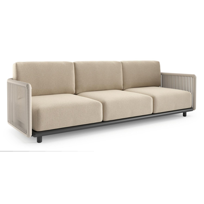 Organo loungebank in zwart aluminium en beige verticaal geweven luxe vlakke rope met althea chalk all weather Cosytica kussen