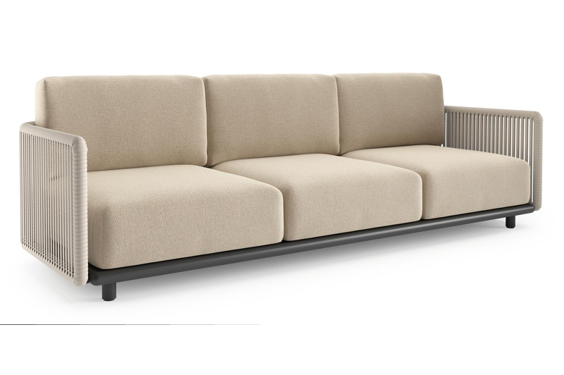 Organo loungebank in zwart aluminium en beige verticaal geweven luxe vlakke rope met althea chalk all weather Cosytica kussen