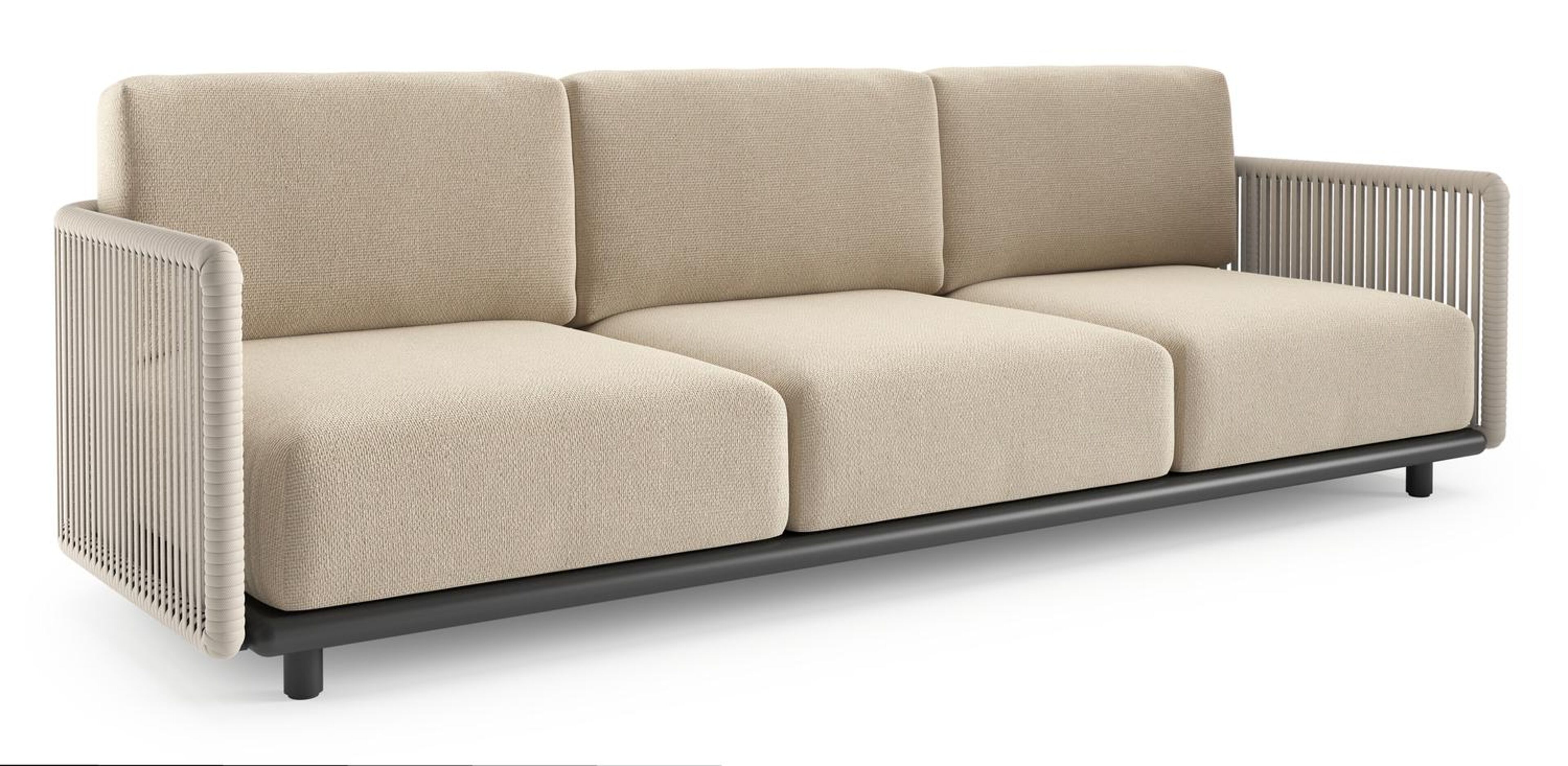 Organo loungebank in zwart aluminium en beige verticaal geweven luxe vlakke rope met althea chalk all weather Cosytica kussen