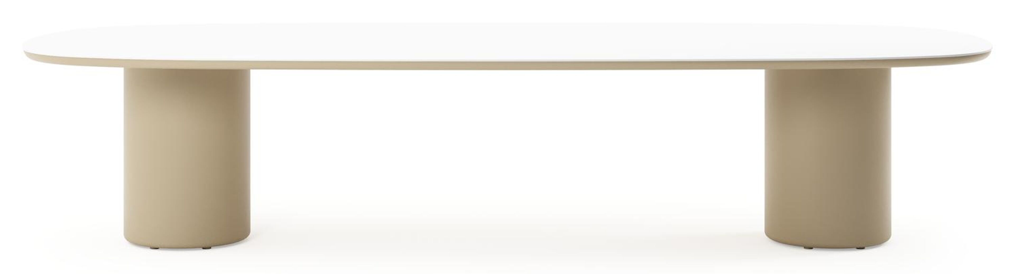 Table de jardin low dining Amico bombo en aluminium beige et céramique pleine Arctic White - Lg. 320 x Lrg. 130 x Haut. 61 cm