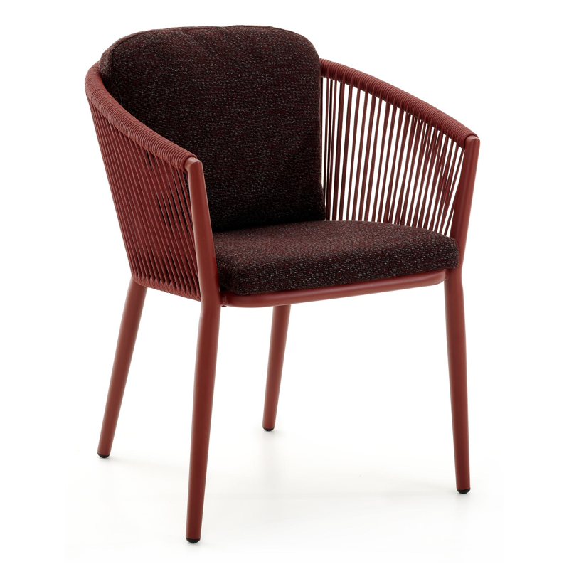 Orso tuinstoel in ruby aluminium en verticaal geweven ronde rope met All Weather Sunbrella Tundra Red kussen