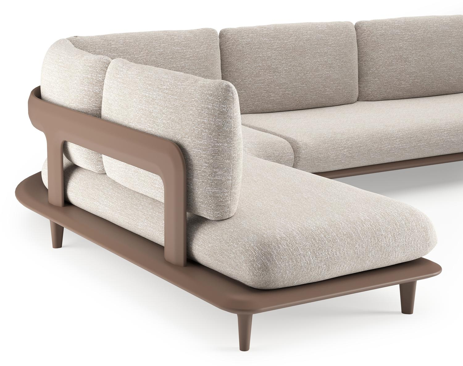 Salon de jardin d'angle Bomero en aluminium taupe et coussins en all weather sunbrella® luxe tundra sand