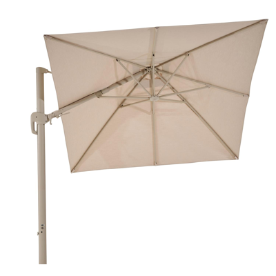 Rufina zweefparasol met tiltfunctie in beige aluminium met beige all weather sunbrella® premium parasoldoek - L1 350 x L2 250 cm (zonder voet)