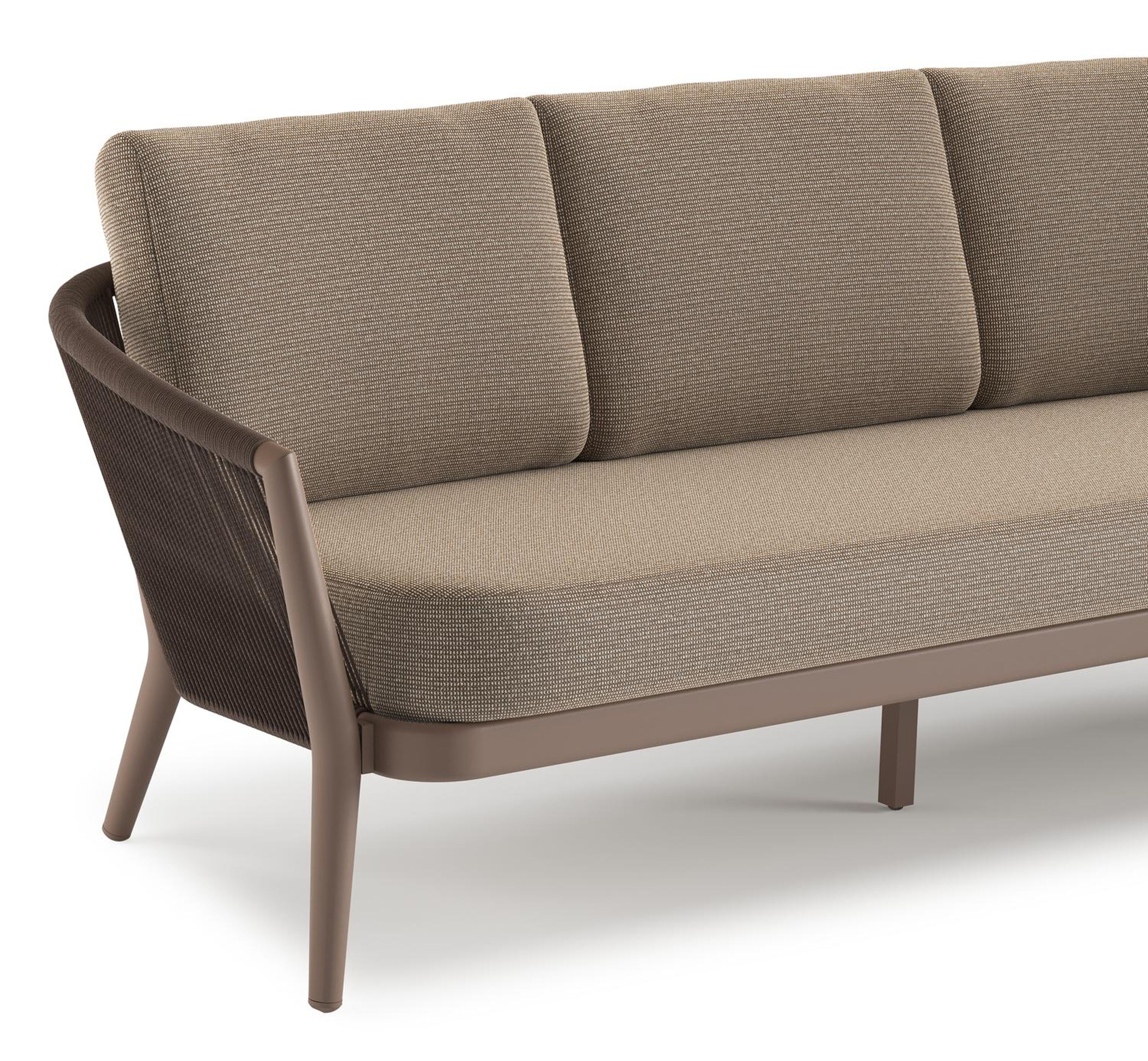 Canapé de jardin Orso en aluminium taupe en corde ronde tissée verticalement noir et coussins en all weather solica Firenze Earth