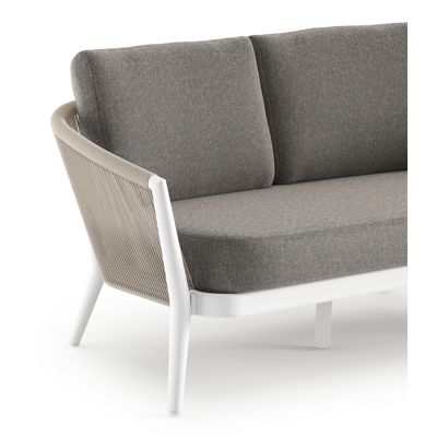 Canapé de jardin Orso en aluminium blanc en corde ronde tissée verticalement beige et coussins en all weather sunbrella® luxe Chartres Drizzle