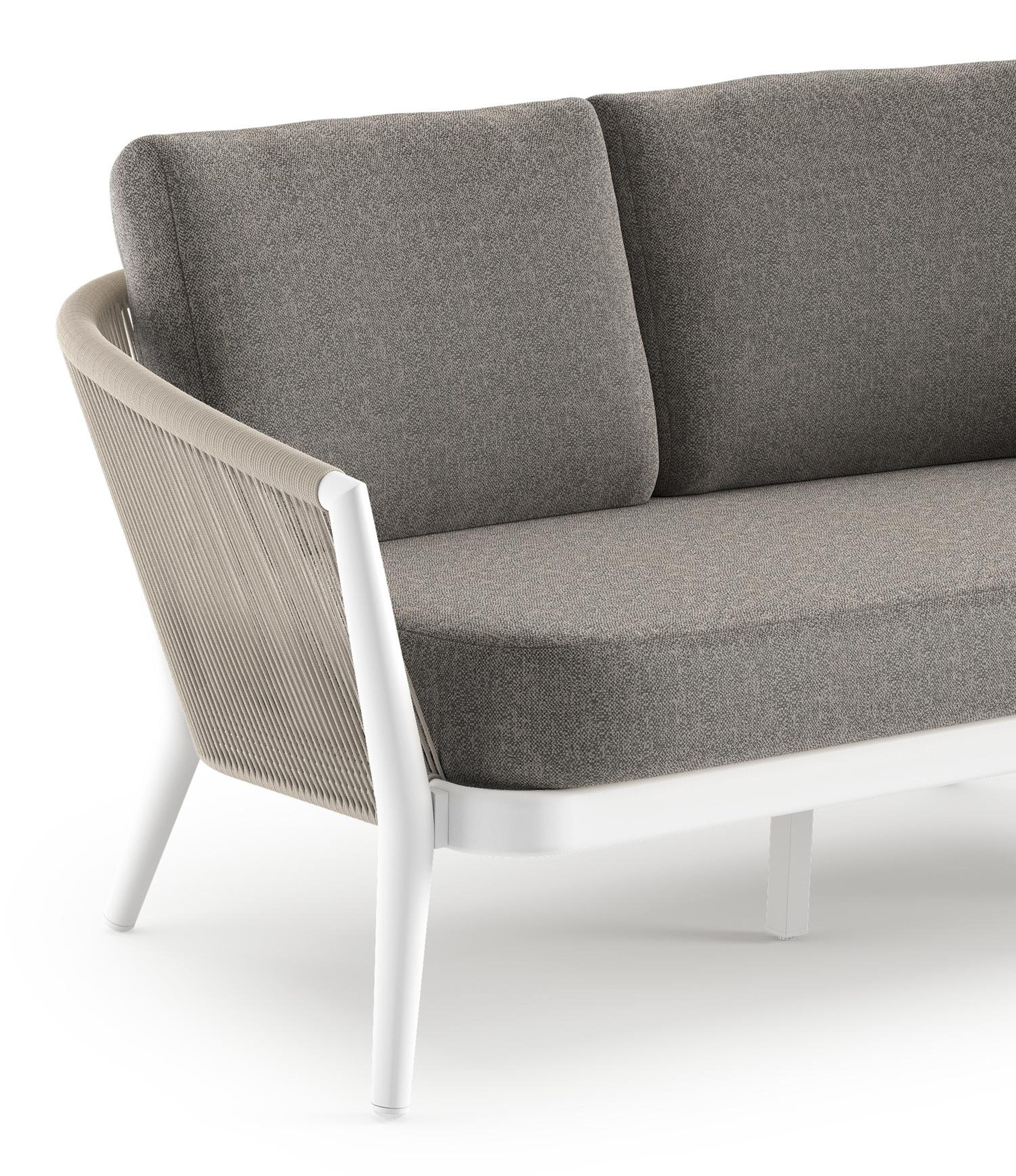 Canapé de jardin Orso en aluminium blanc en corde ronde tissée verticalement beige et coussins en all weather sunbrella® luxe Chartres Drizzle