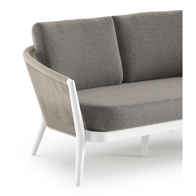 Canapé de jardin Orso en aluminium blanc en corde ronde tissée verticalement beige et coussins en all weather sunbrella® luxe Chartres Drizzle