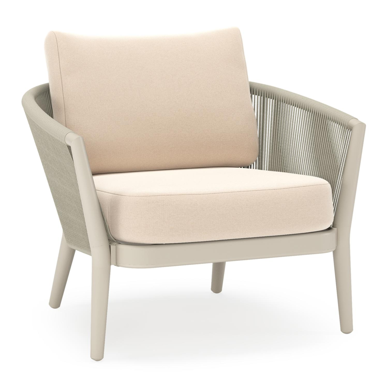 Orso loungestoel in beige aluminium en beige verticaal geweven ronde rope met Natte Linen Chalk all weather sunbrella® luxe kussen