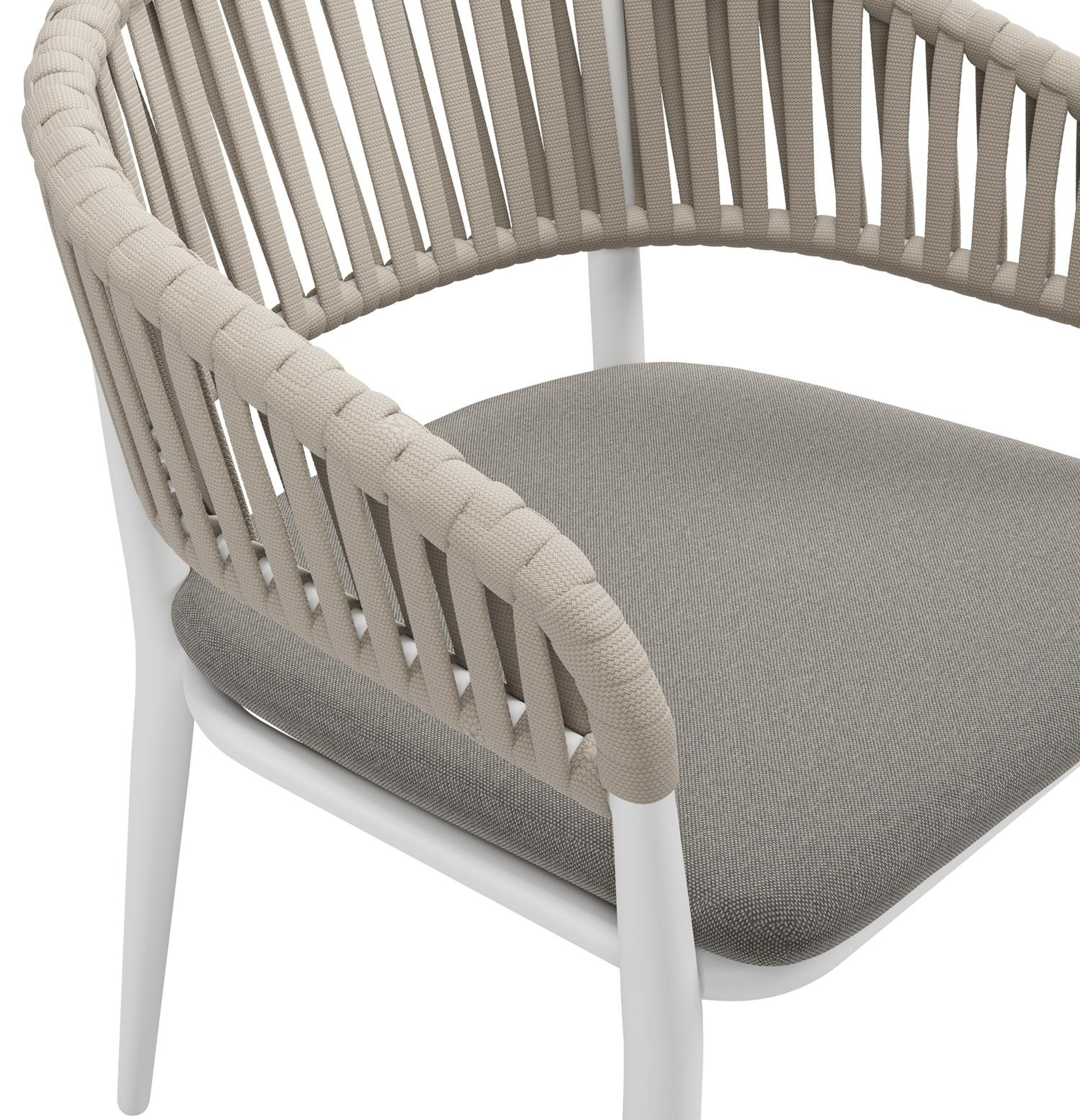 Tolfa stapelbare tuinstoel in wit aluminium en beige verticaal geweven luxe vlakke brede rope met stoelkussen in All Weather Sunbrella® Luxe Natte Dark Taupe