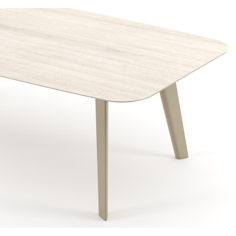 Table de jardin Lacrima forme de bateau en aluminium beige et céramique pleine Travertino Bianco - Lg. 255 x Lrg. 115 x Haut. 74 cm