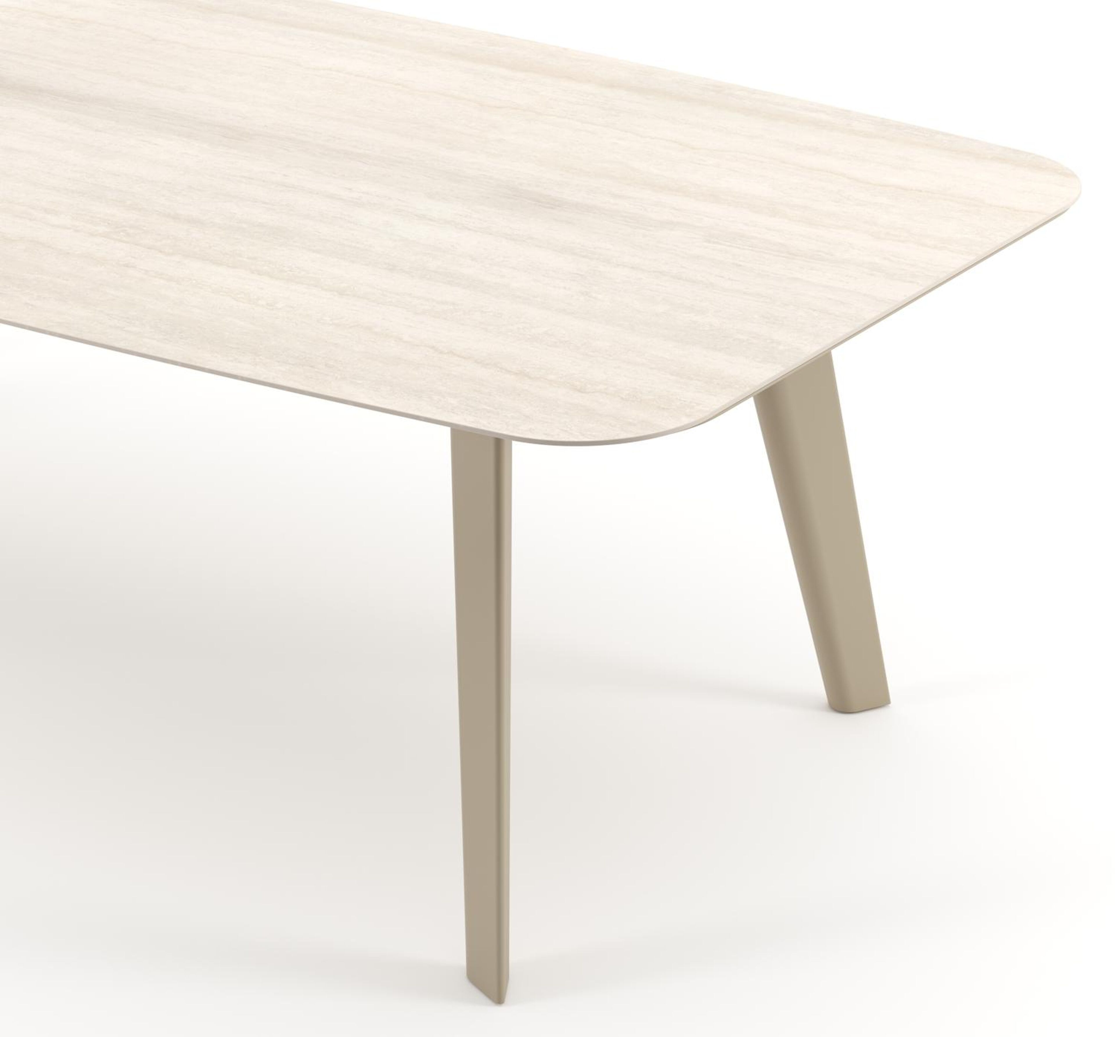 Table de jardin Lacrima forme de bateau en aluminium beige et céramique pleine Travertino Bianco - Lg. 255 x Lrg. 115 x Haut. 74 cm