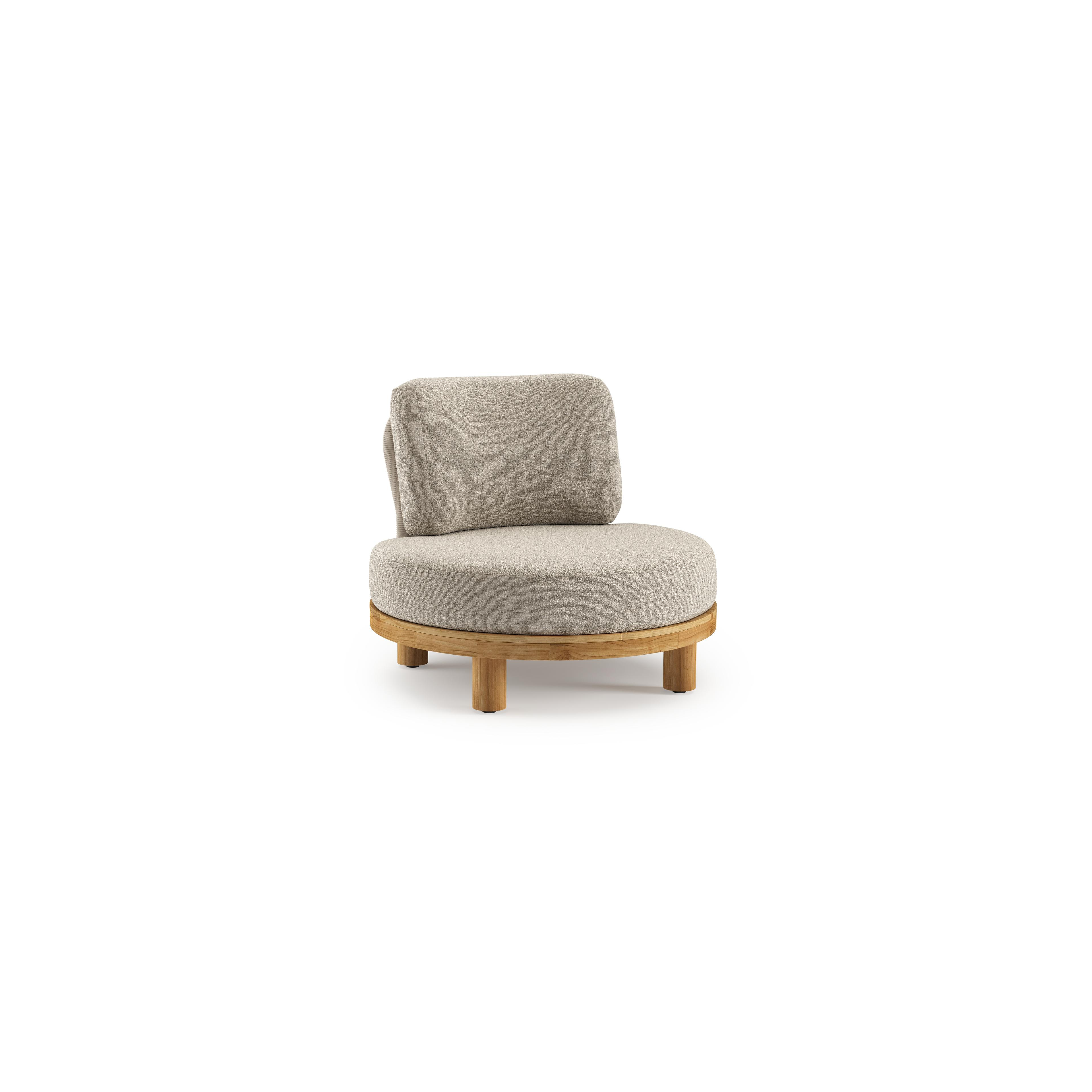 Donato loungestoel in teak en beige verticaal geweven ronde rope met All Weather Cosytica Catania Sand kussen