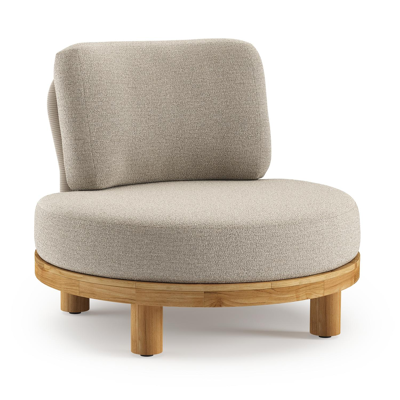 Donato loungestoel in teak en beige verticaal geweven ronde rope met all weather cosytica Catania Sand kussen