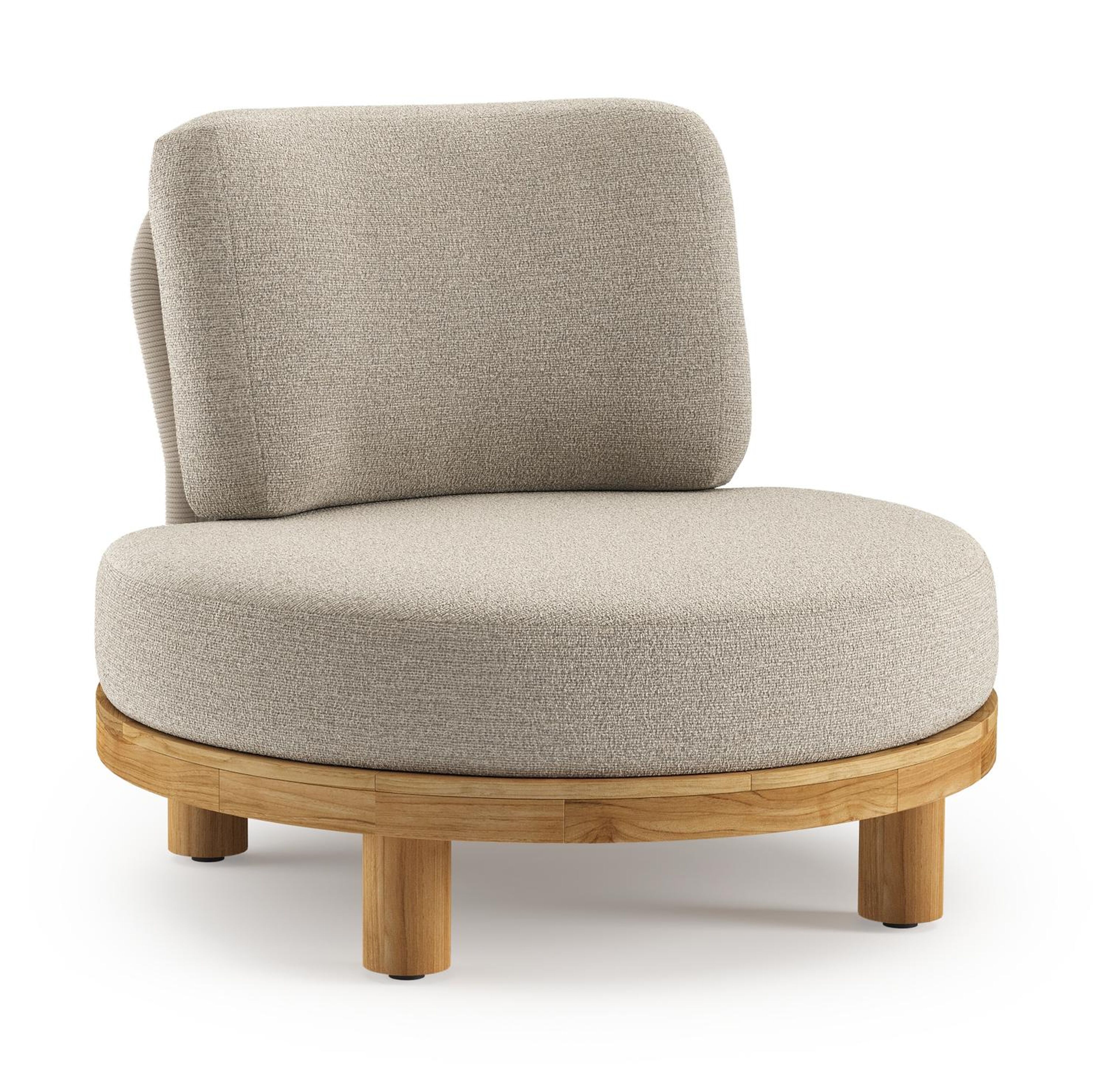 Donato loungestoel in teak en beige verticaal geweven ronde rope met all weather cosytica Catania Sand kussen