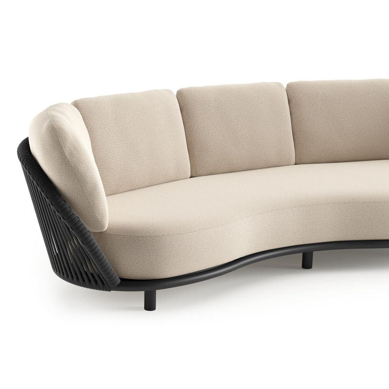 Lupino loungeset in zwart aluminium en zwart verticaal geweven luxe vlakke brede rope met lopi sand all weather sunbrella® luxe kussen