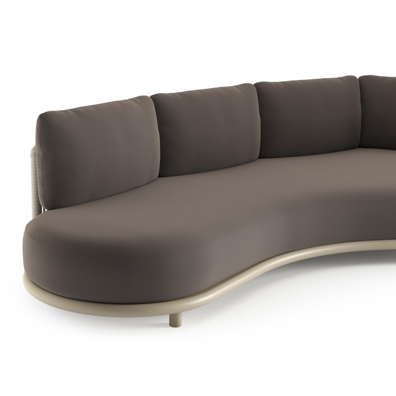 Lomano loungebank in beige aluminium en beige verticaal geweven luxe vlakke rope met natte nature grey all weather sunbrella® luxe kussen