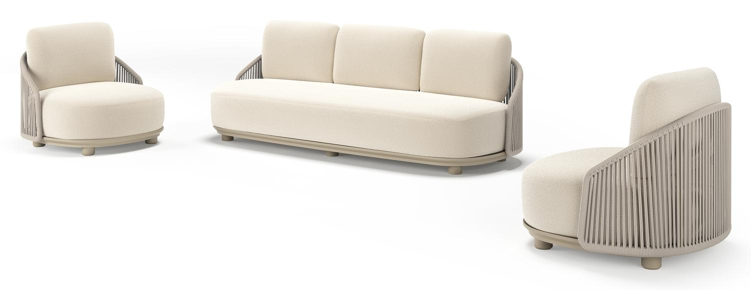 Vadelo loungeset in beige aluminium en beige verticaal geweven ronde rope met althea off white all weather cosytica kussen