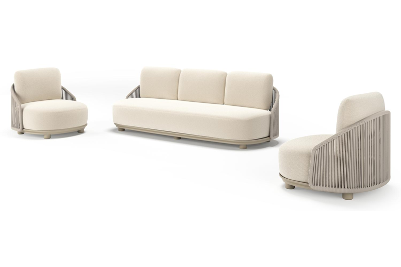 Vadelo loungeset in beige aluminium en beige verticaal geweven ronde rope met althea off white all weather cosytica kussen