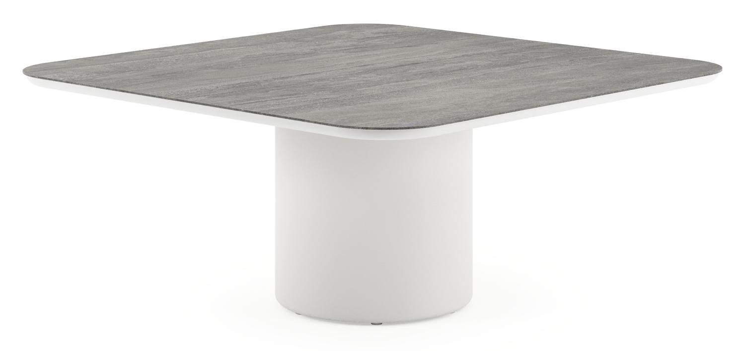 Table de jardin low dining Amico carré arrondi en aluminium blanc et céramique pleine Aspen Grey - Lg. 148 x Lrg. 148 x Haut. 61 cm