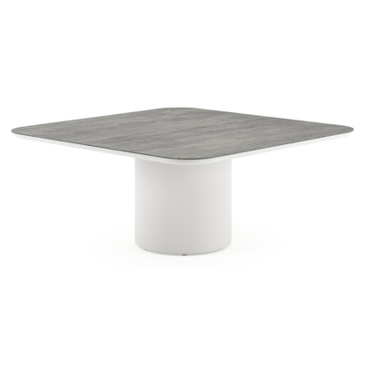 Amico low dining tuintafel afgerond vierkant in wit aluminium en volkeramiek Aspen Grey - L 148 x B 148 x H 61 cm