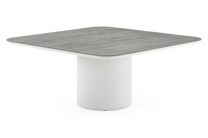 Amico low dining tuintafel afgerond vierkant in wit aluminium en volkeramiek Aspen Grey - L 148 x B 148 x H 61 cm