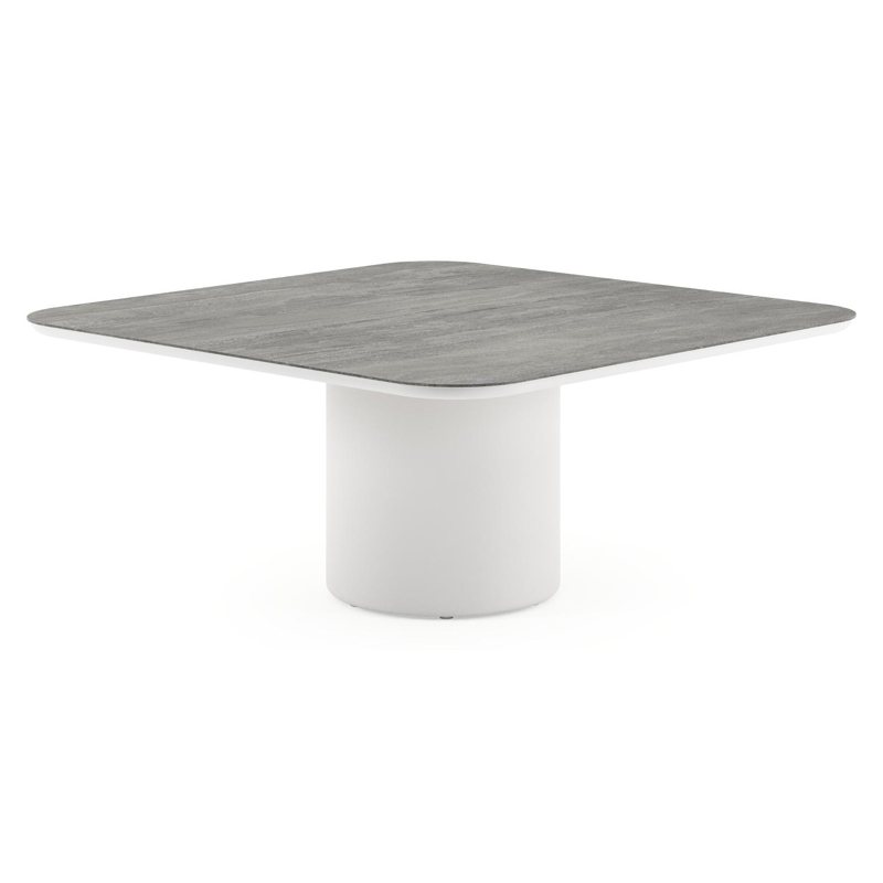Amico low dining tuintafel afgerond vierkant in wit aluminium en volkeramiek Aspen Grey - L 148 x B 148 x H 61 cm