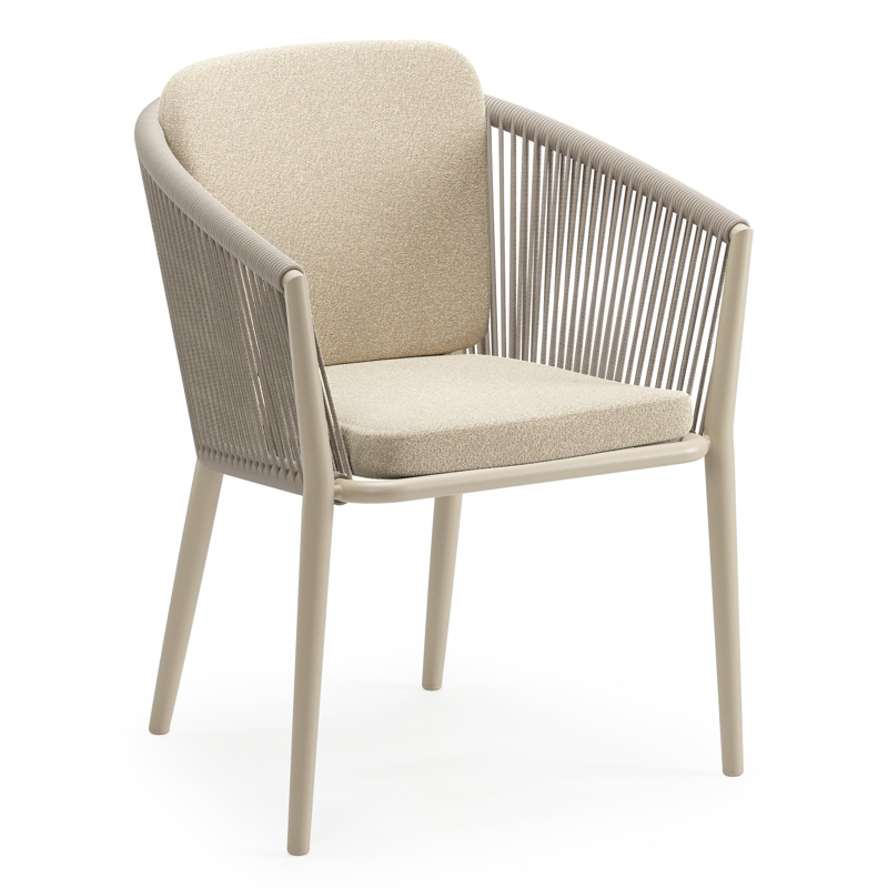 Orso tuinstoel in beige aluminium en beige verticaal geweven ronde rope met zitkussen in All Weather Solica Soul Papyrus