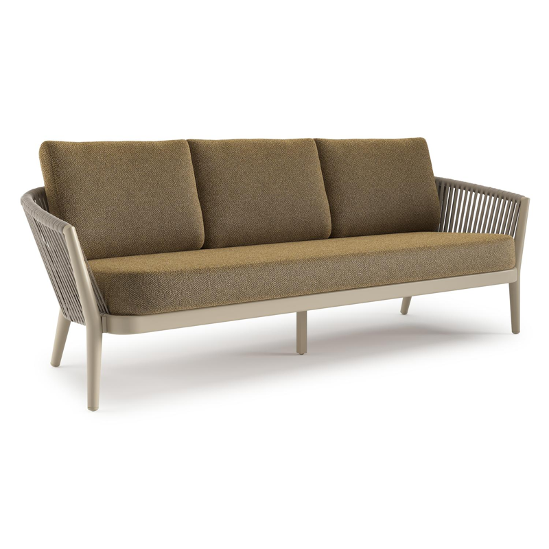 Orso loungebank in beige aluminium en beige verticaal geweven luxe vlakke rope met Madagascar Walnut all weather cosytica kussen