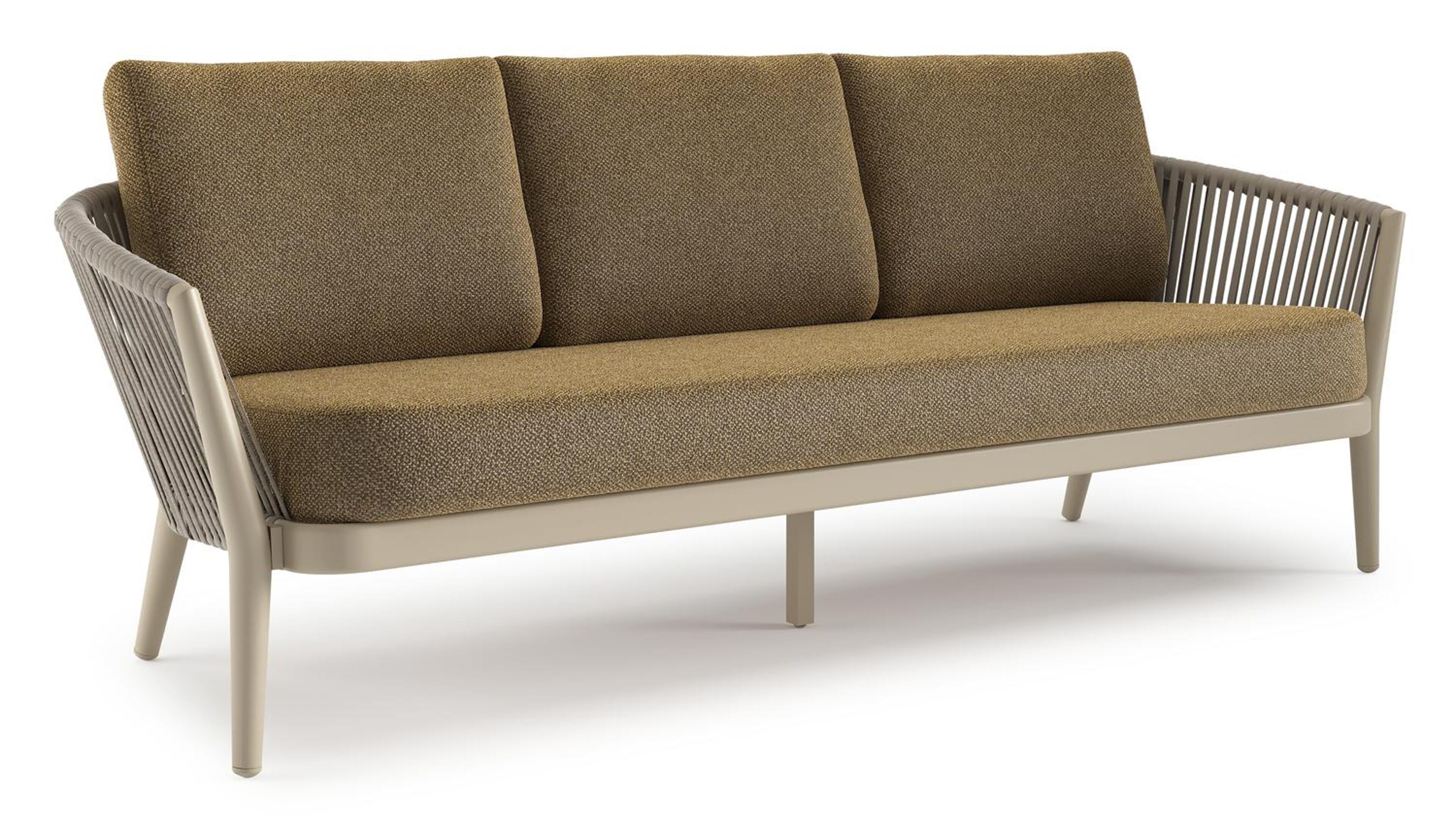 Orso loungebank in beige aluminium en beige verticaal geweven luxe vlakke rope met Madagascar Walnut all weather cosytica kussen