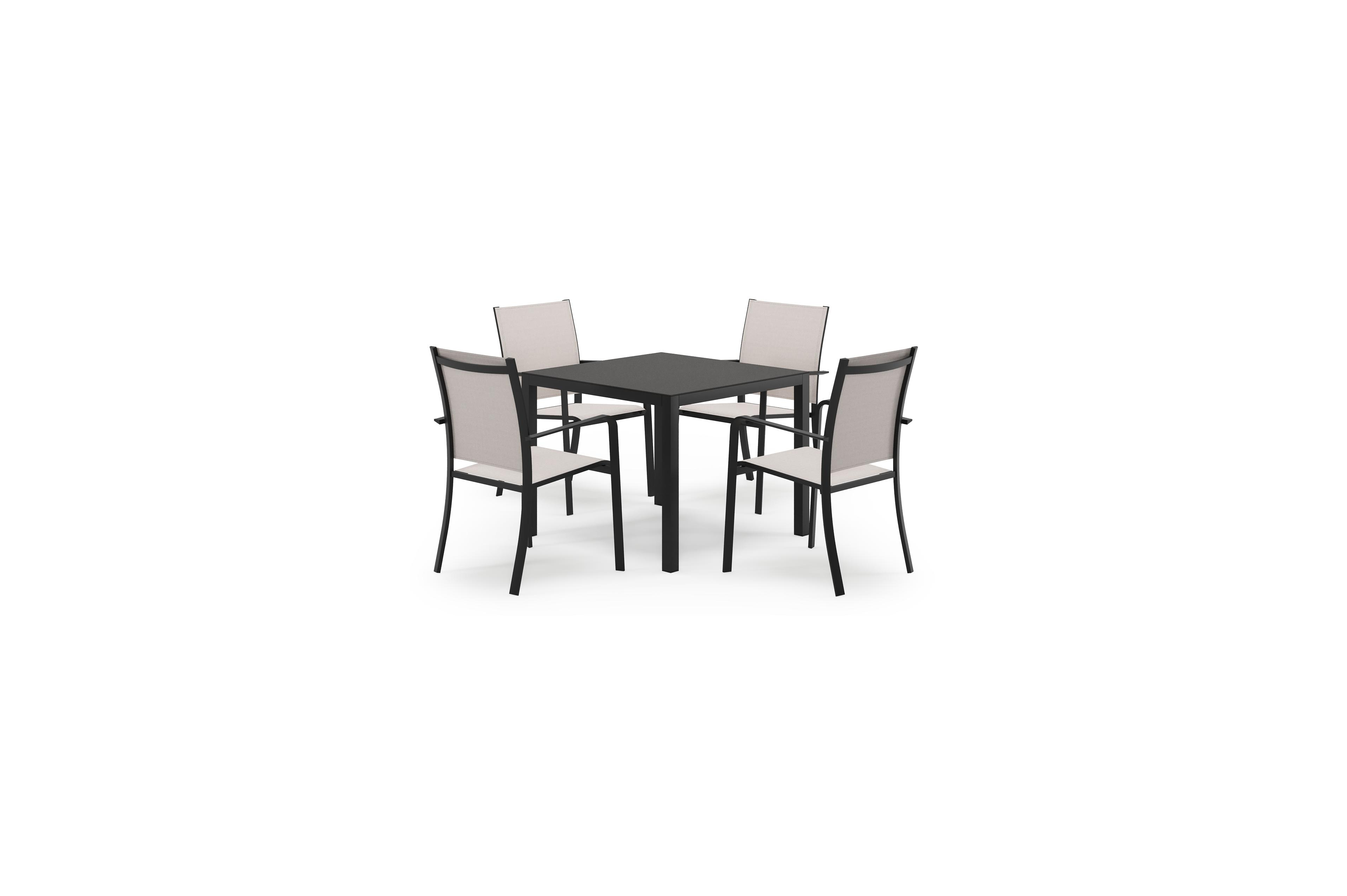 Feltro vierkante tuinset in zwart aluminium en sintered stone notte minerale met 4 Calobra tuinstoelen