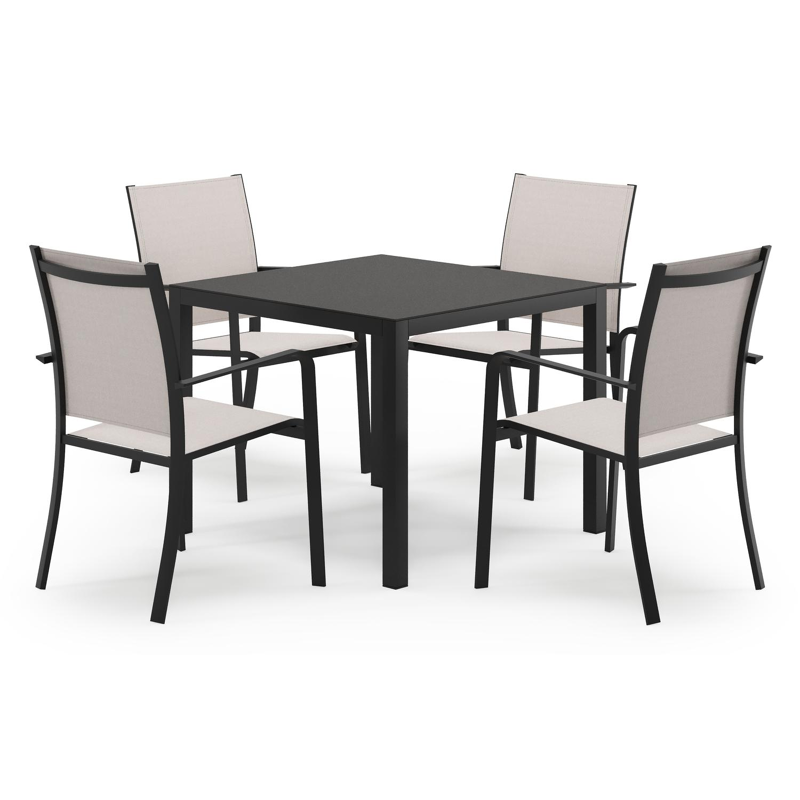 Feltro vierkante tuinset in zwart aluminium en sintered stone notte minerale met 4 Calobra tuinstoelen