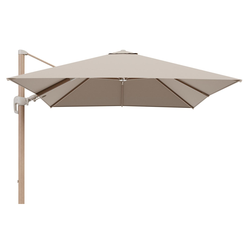 Rufina zweefparasol tiltfunctie in houtlook aluminium en parasoldoek in All Weather Sunbrella® Luxe Natte Heather Beige  - L1 300 x L2 300 cm (zonder voet)