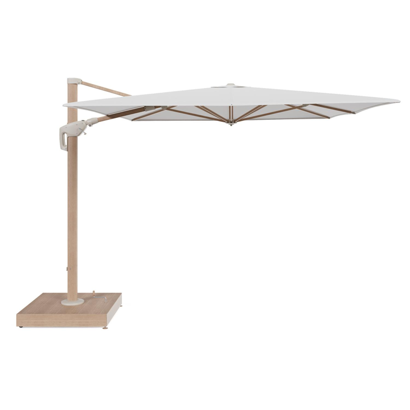 Minore zweefparasol met tiltfunctie in houtlook aluminium en Soul Optik All Weather Solica parasoldoek - L1 400 x L2 300 cm met parasolvoet Minore 260 kg met wielen