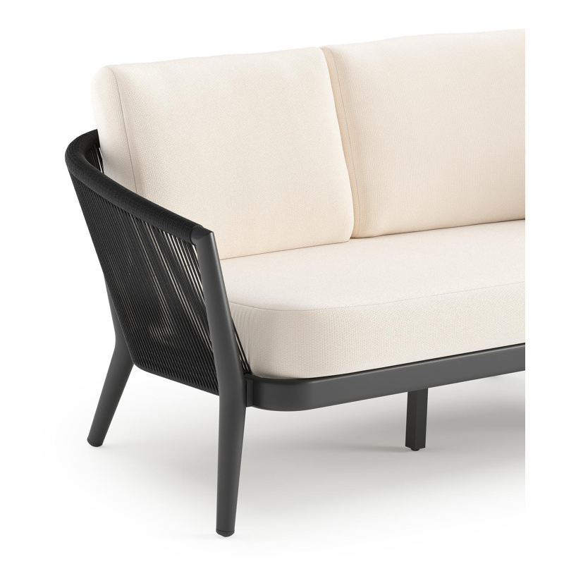 Orso loungebank in zwart aluminium en zwart verticaal geweven ronde rope met Lopi Snow all weather sunbrella® luxe kussen