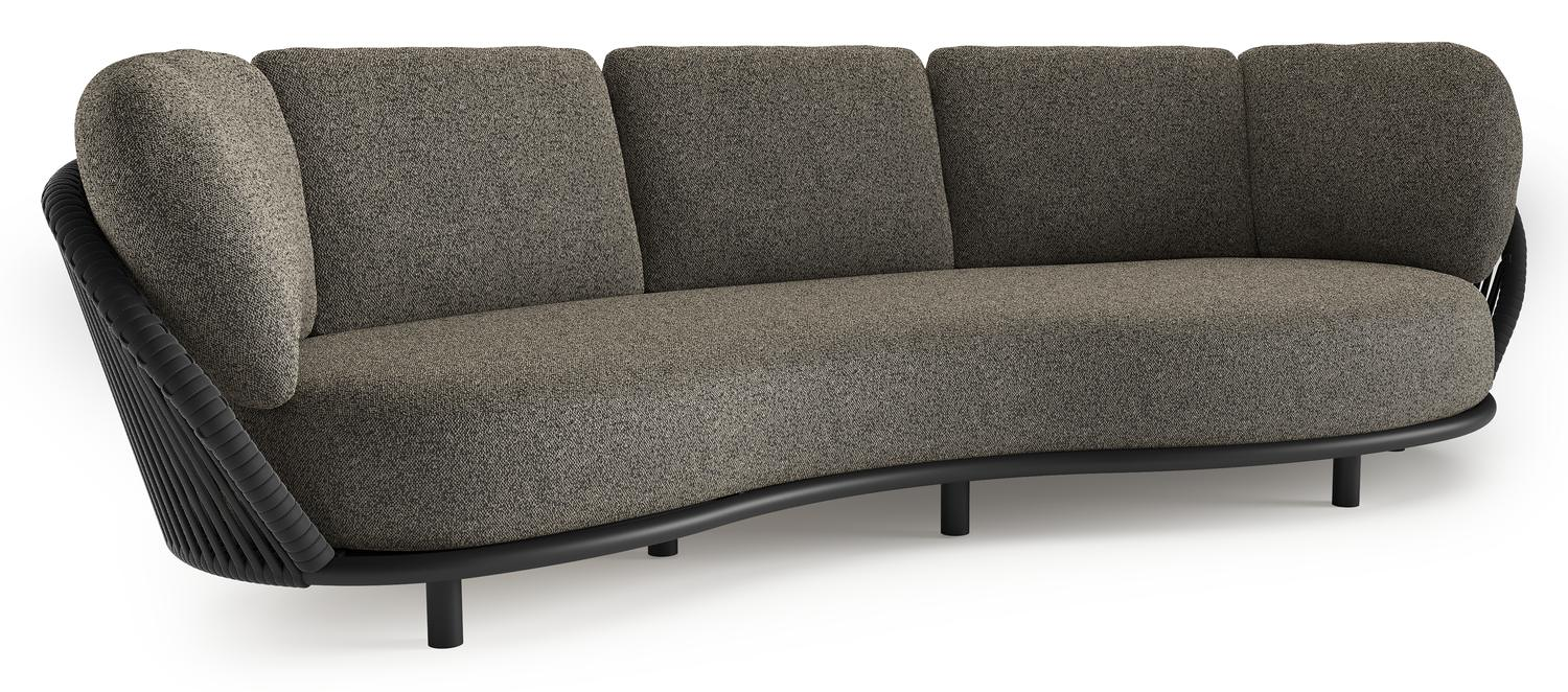 Lupino loungebank in zwart aluminium en zwart verticaal geweven luxe vlakke brede rope met marbella tunder all weather cosytica kussen