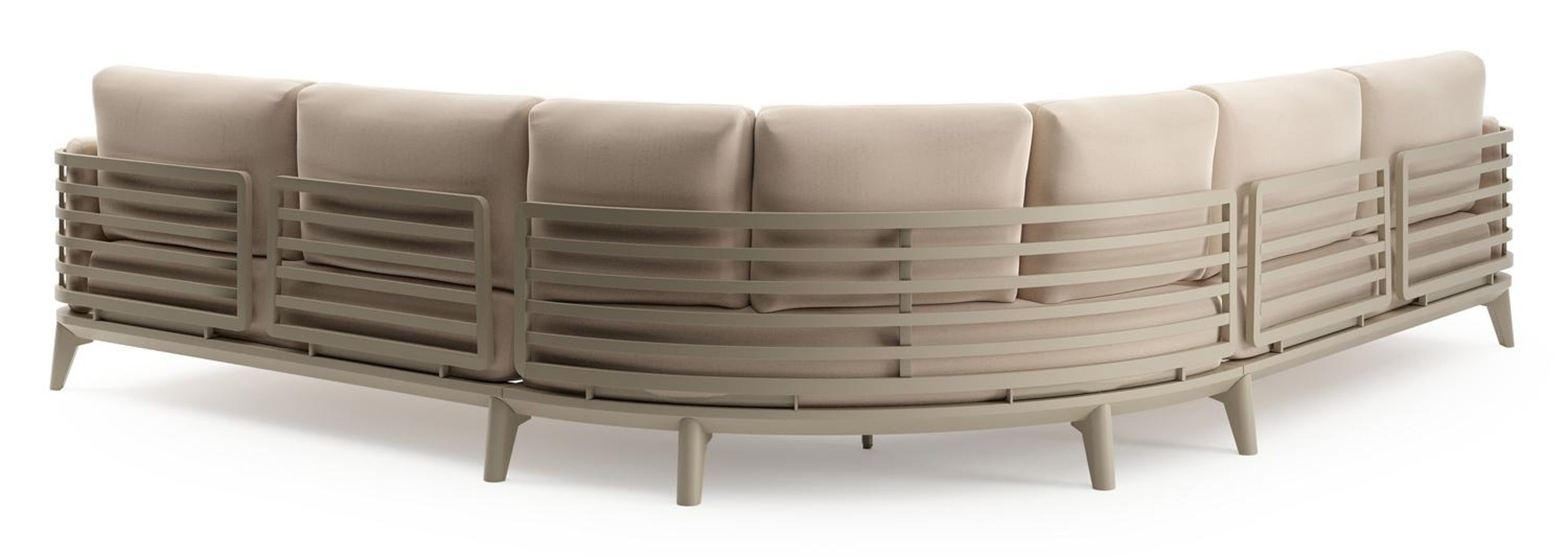 Mosa loungehoek in beige aluminium met natte linen chalk all weather sunbrella® premium kussens en loungetafel