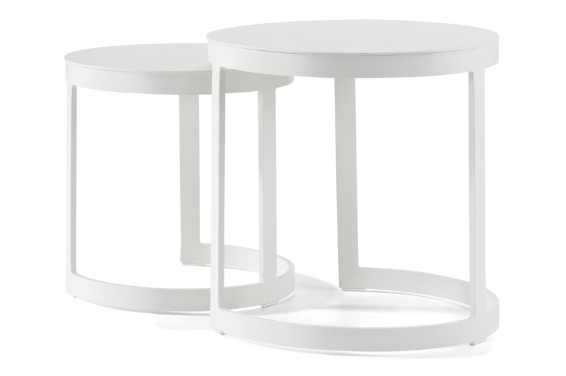 Enna bijzettafels in wit aluminium - tafel 1: Dia. 44 x H 46 cm, tafel 2: Dia. 52 x H 52 cm