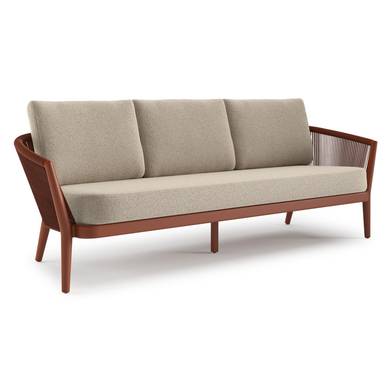 Orso loungebank in roestbruin aluminium en roestbruin verticaal geweven ronde rope met Marbella Beige all weather cosytica kussen